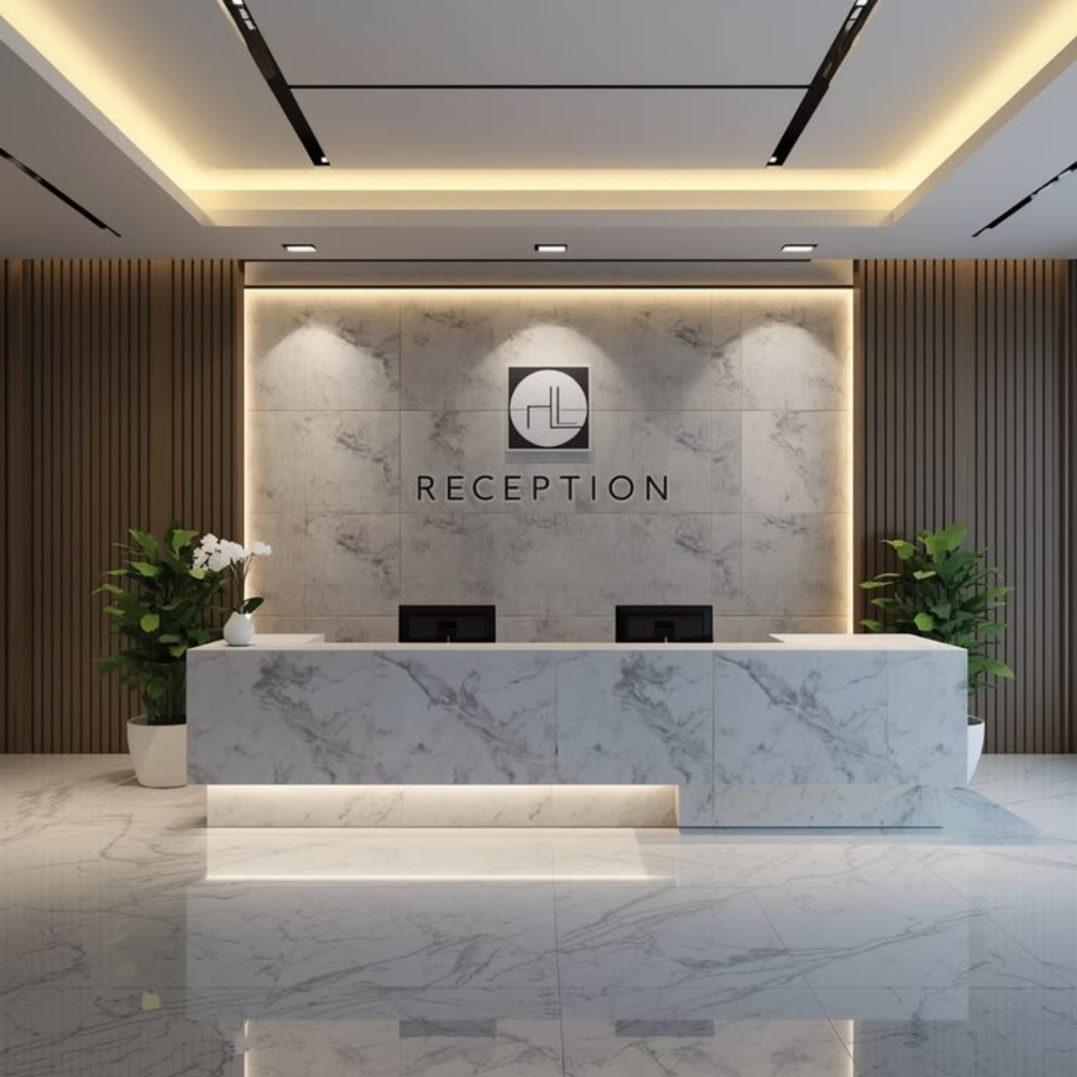 Contemporary commercial reception area designed with efficient spatial planning