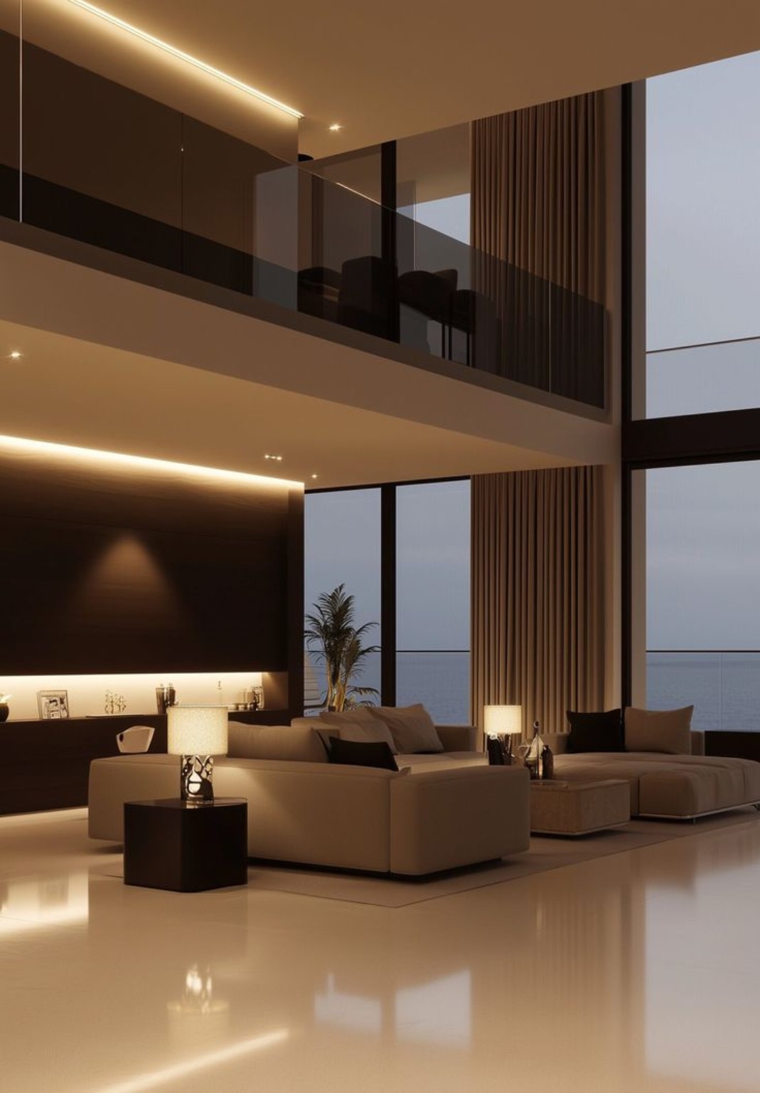 Warm modern luxury villa interior with double-height living space