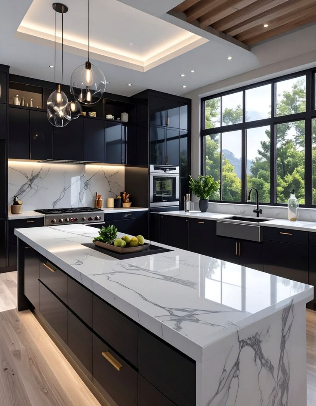 Modern residential kitchen interior with marble island